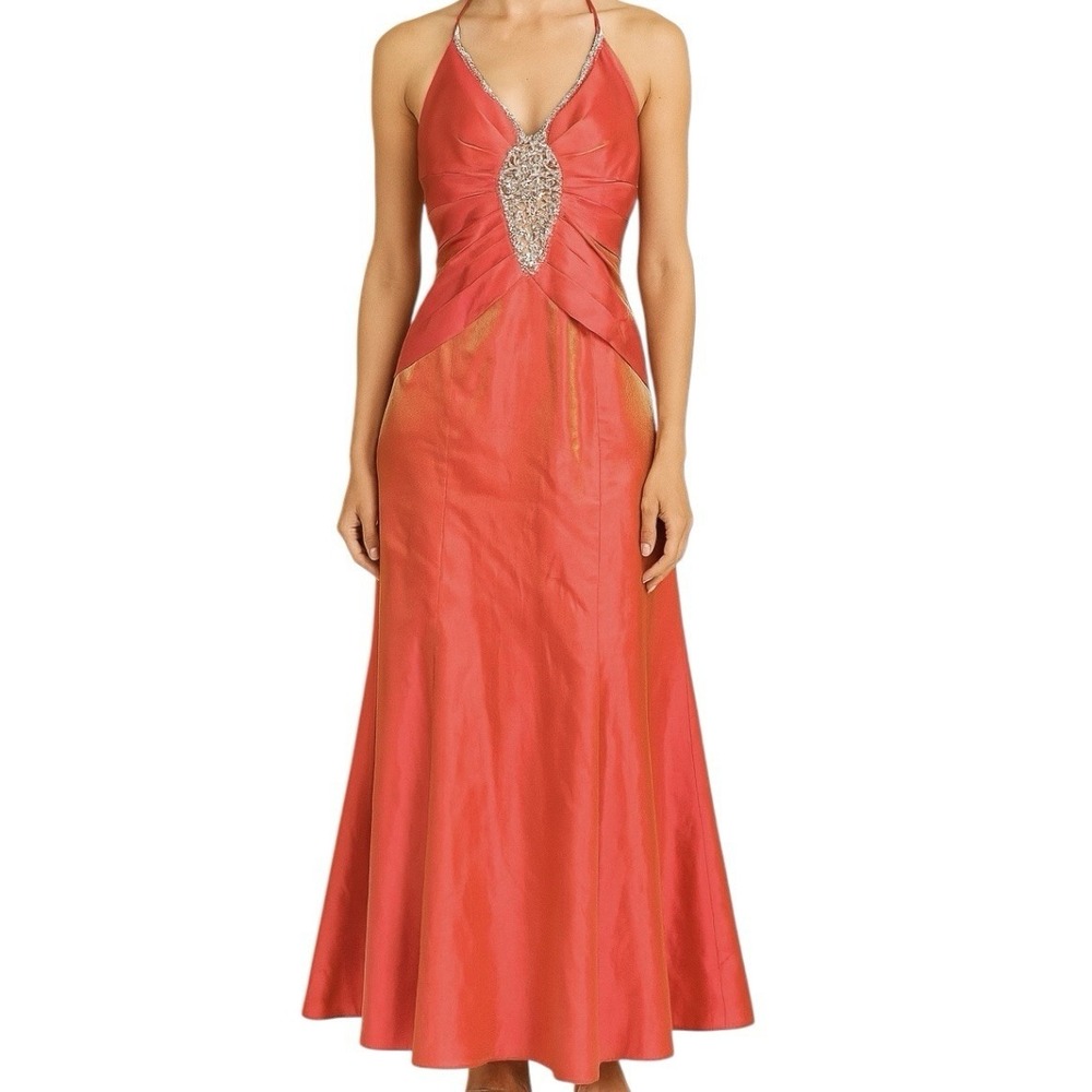 MORI LEE Formal Halter Dress sz XS Orange Shimmer Rhinestone Sequin Prom Gown
